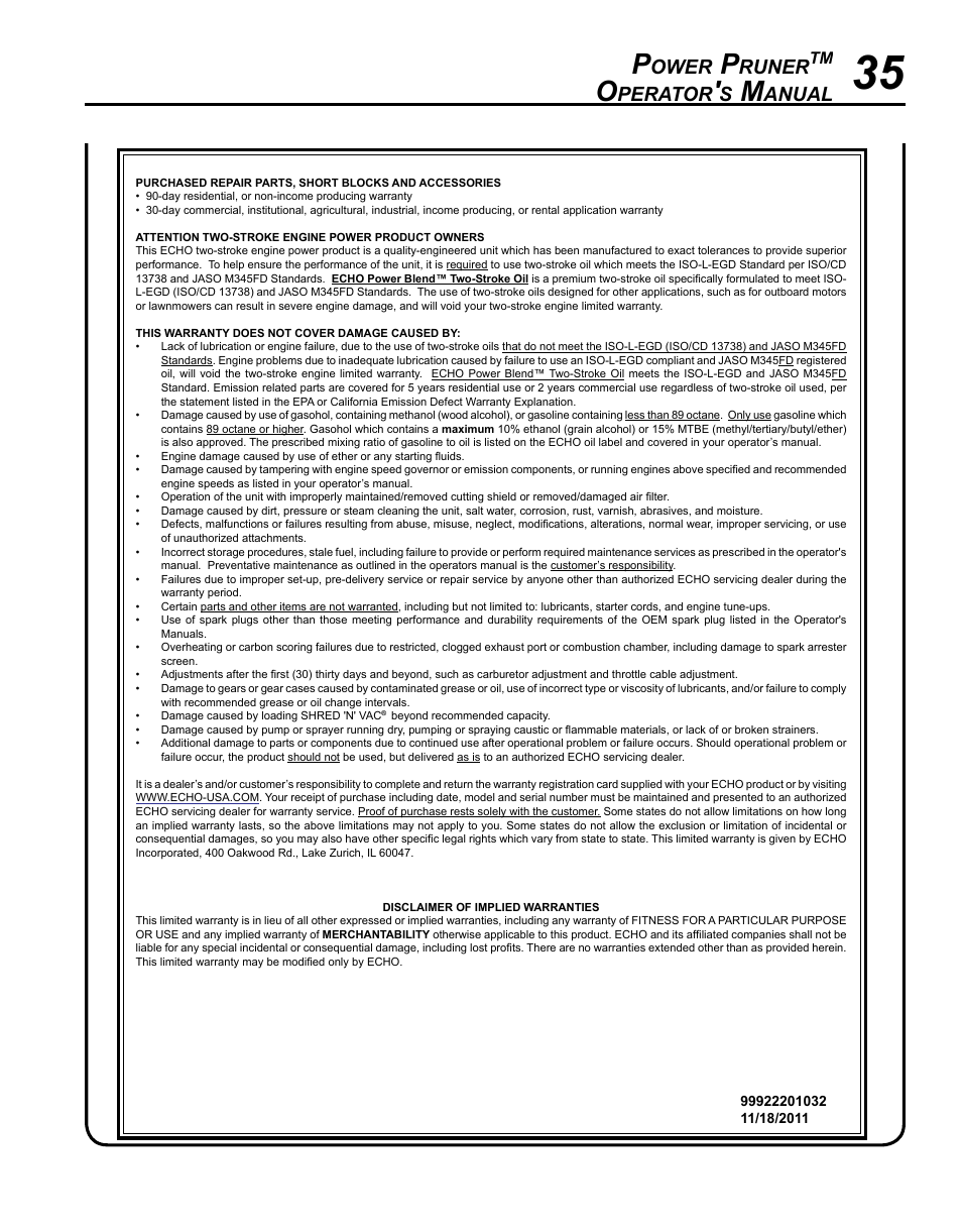 Ower, Runer, Perator | Anual | Echo PPF-280 User Manual | Page 35 / 36