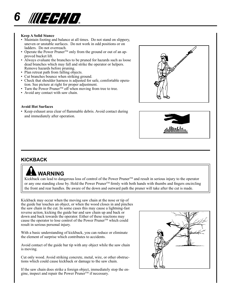 Warning, Kickback | Echo PPF-280 User Manual | Page 6 / 36
