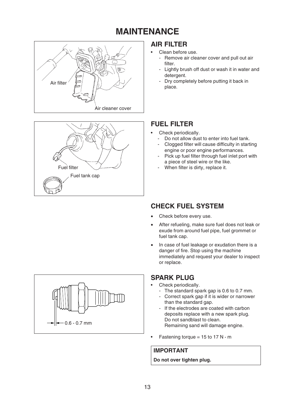 Maintenance, Air filter, Spark plug fuel filter | Check fuel system | Echo EDR-210 User Manual | Page 15 / 18