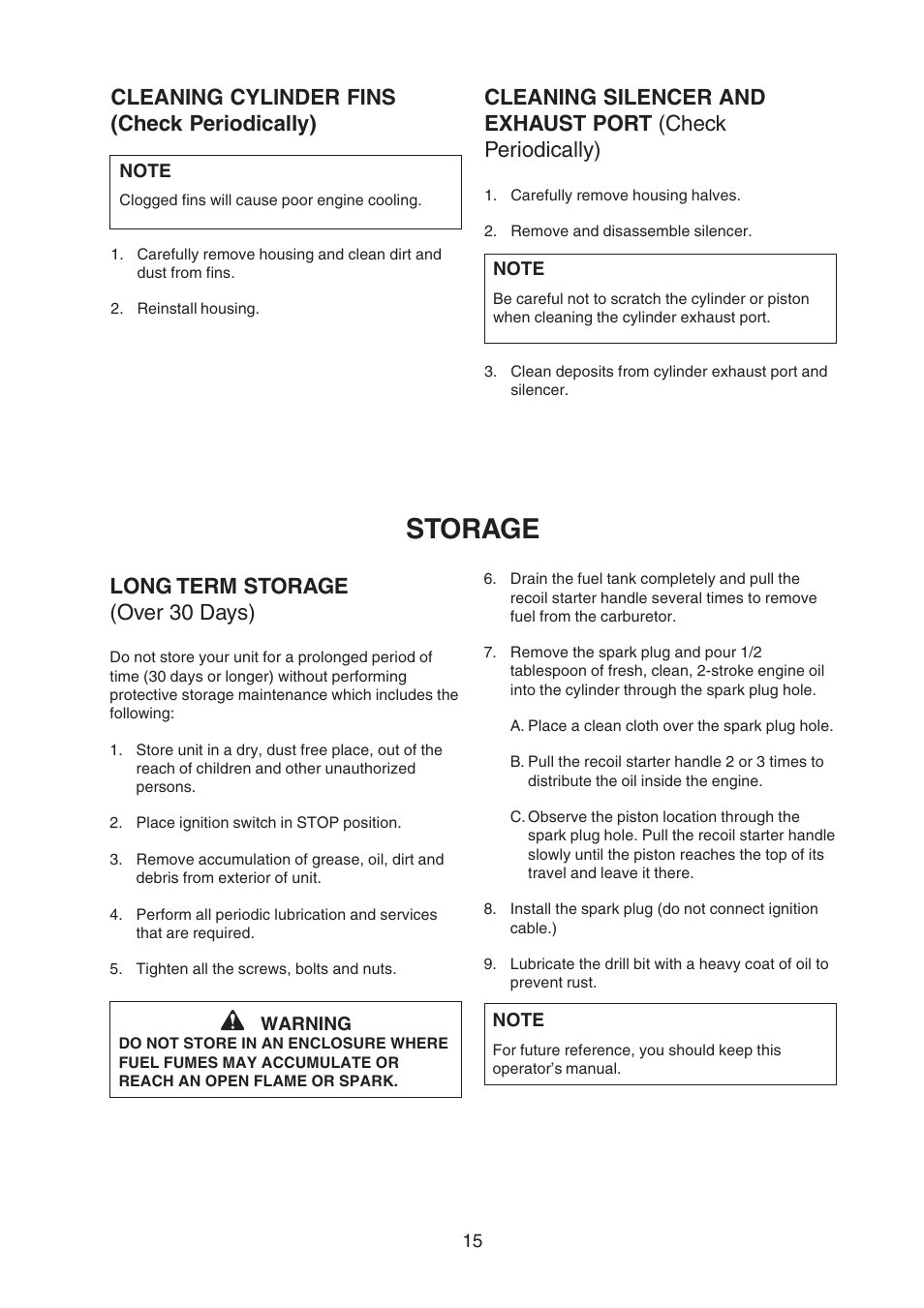 Storage, Long term storage (over 30 days), Cleaning cylinder fins (check periodically) | Echo EDR-210 User Manual | Page 17 / 18