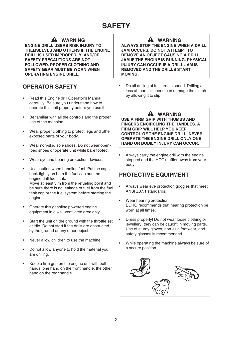Safety, Protective equipment, Operator safety | Echo EDR-210 User Manual | Page 4 / 18