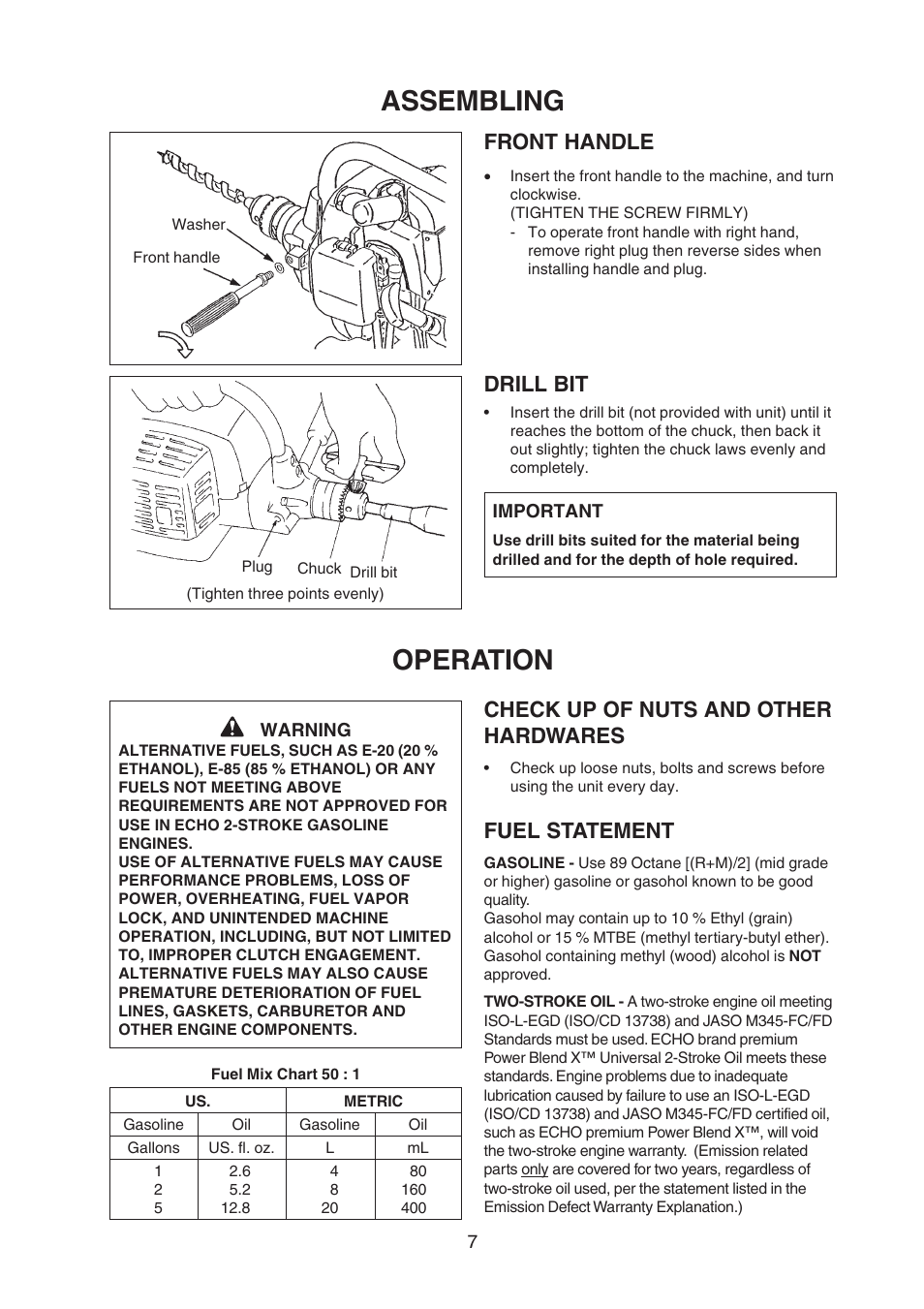 Assembling, Operation, Front handle drill bit | Check up of nuts and other hardwares, Fuel statement | Echo EDR-210 User Manual | Page 9 / 18