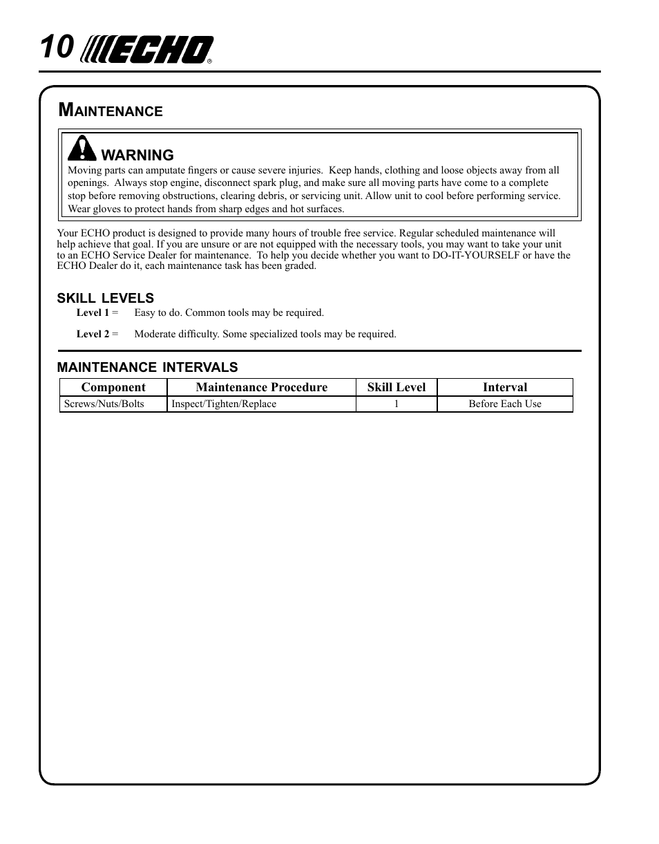 Maintenance, Lubrication | Echo 99944200490 User Manual | Page 10 / 12