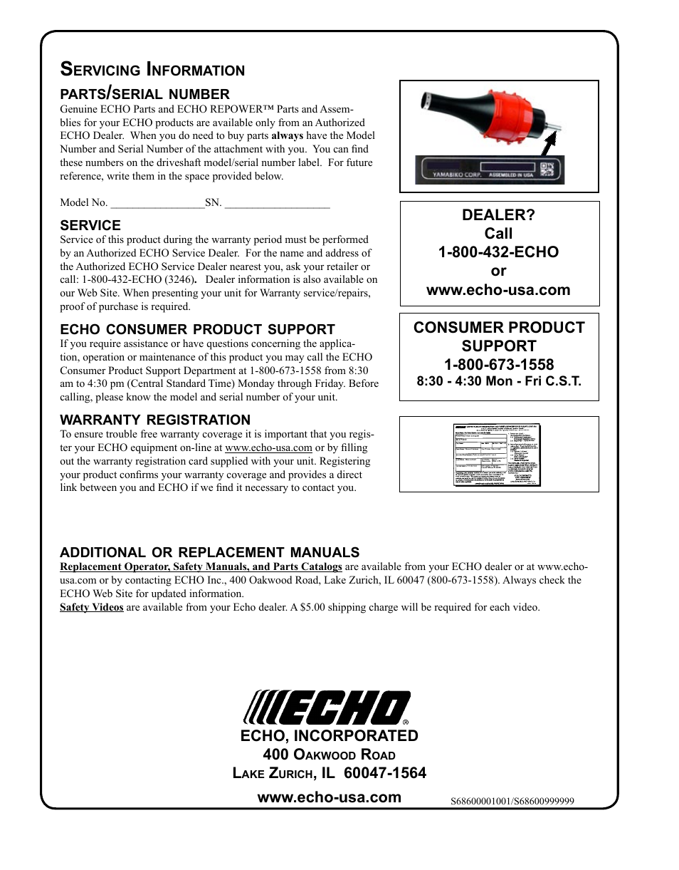 Servicing information | Echo 99944200490 User Manual | Page 12 / 12