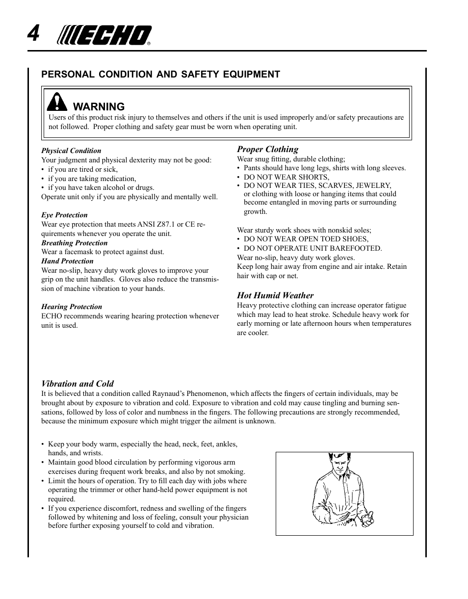 Warning | Echo 99944200490 User Manual | Page 4 / 12