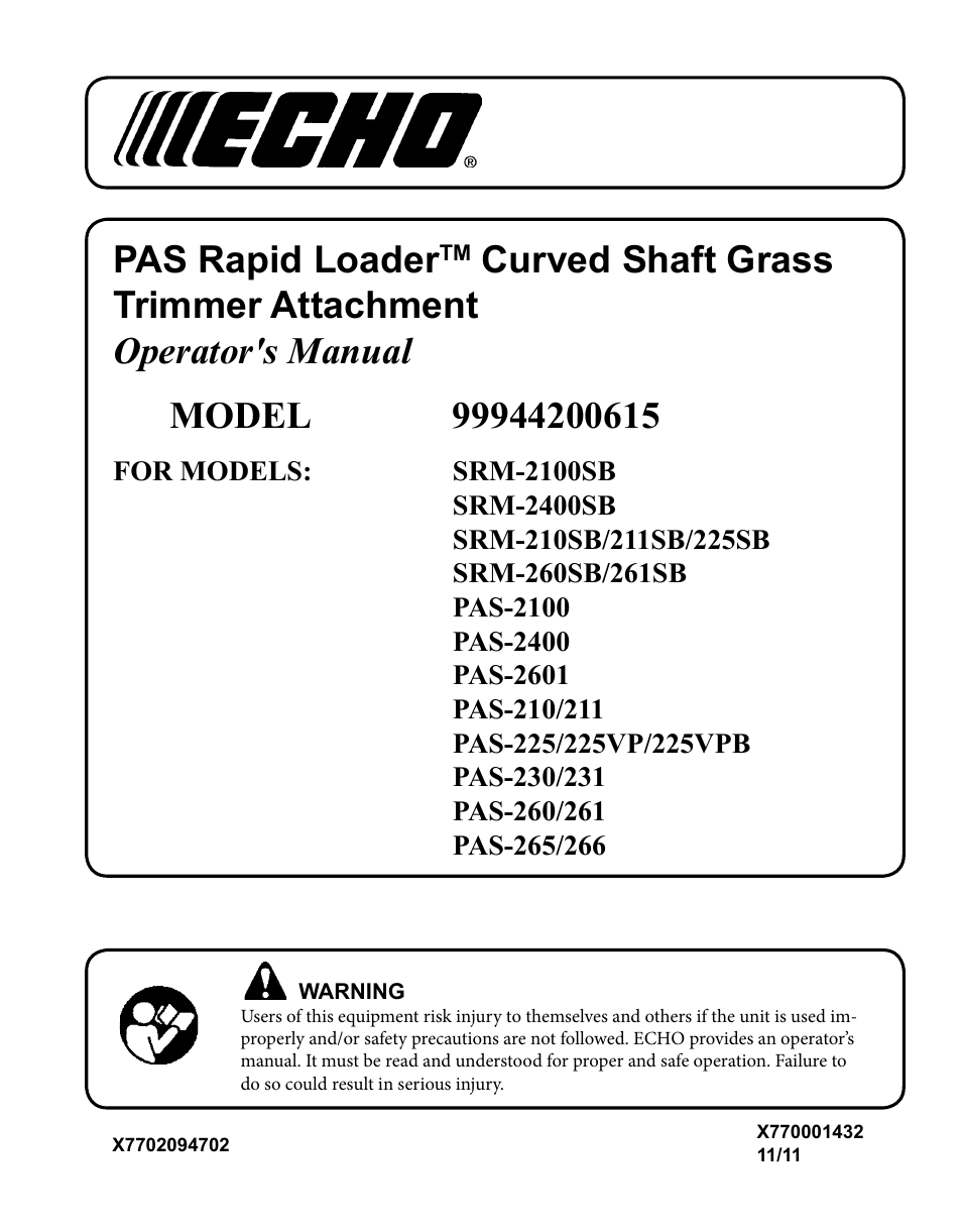 Echo PAS RAPID LOADER 99944200615 User Manual | 16 pages