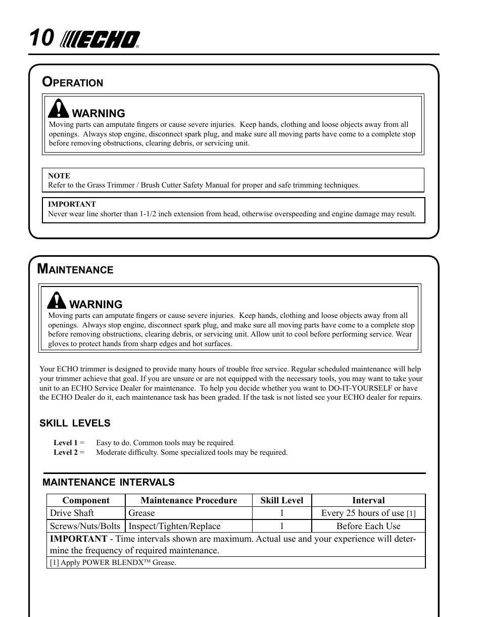 Operation, Maintenance | Echo PAS RAPID LOADER 99944200615 User Manual | Page 10 / 16