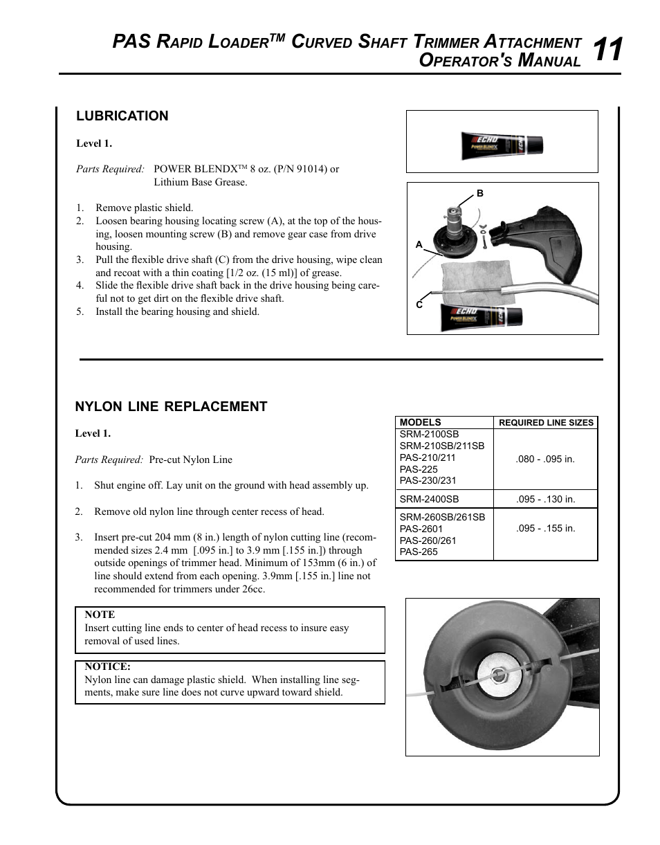 Lubrication, Nylon line replacement, Pas r | Echo PAS RAPID LOADER 99944200615 User Manual | Page 11 / 16