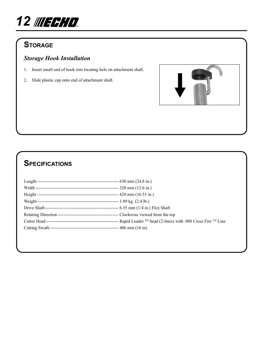 Storage, Specifications | Echo PAS RAPID LOADER 99944200615 User Manual | Page 12 / 16