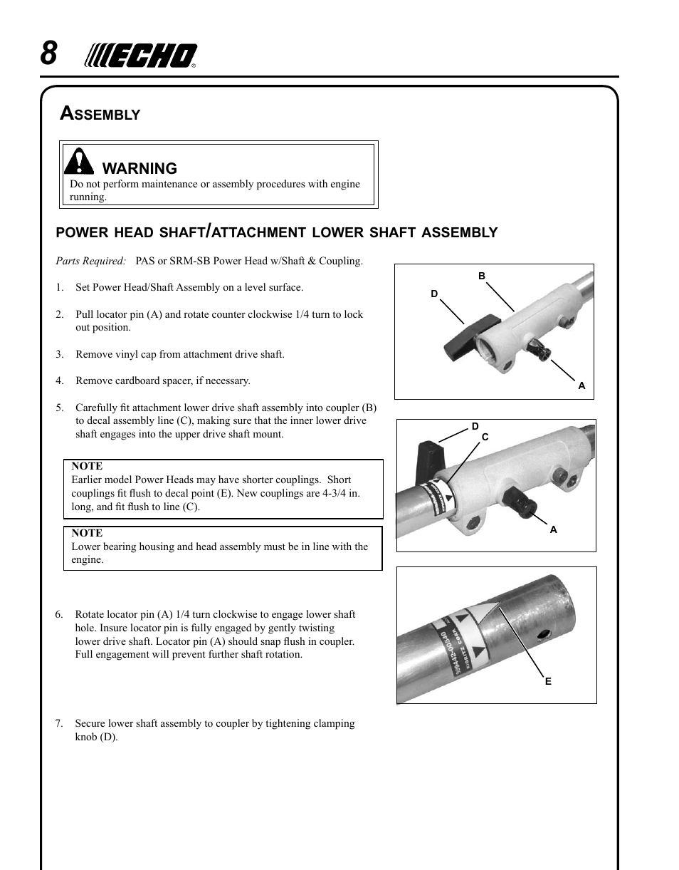 Assembly, Plastic shield installation, Nylon line head installation | Echo PAS RAPID LOADER 99944200615 User Manual | Page 8 / 16