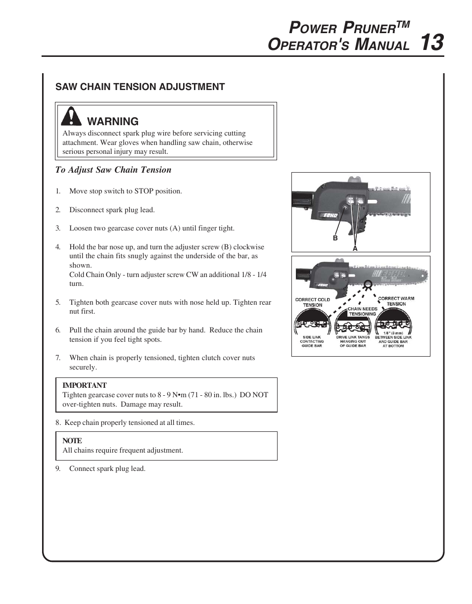 Saw chain tension adjustment | Echo PPT-265  EN User Manual | Page 13 / 32