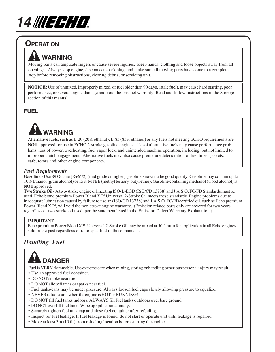 Operation, Fuel, Warning | Handling fuel, Danger | Echo PPT-265  EN User Manual | Page 14 / 32