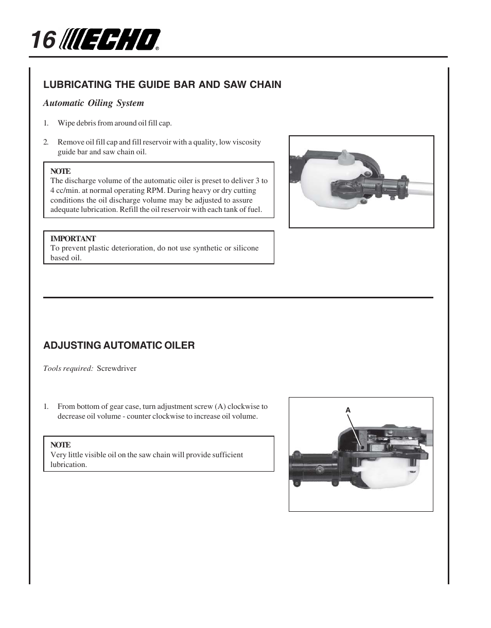 Lubricating the guide bar and saw chain, Adjusting automatic oiler | Echo PPT-265  EN User Manual | Page 16 / 32