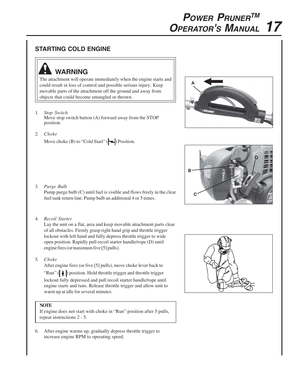Starting cold engine, Ower, Runer | Perator, Anual | Echo PPT-265  EN User Manual | Page 17 / 32