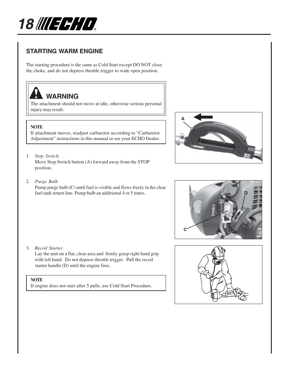 Starting warm engine | Echo PPT-265  EN User Manual | Page 18 / 32