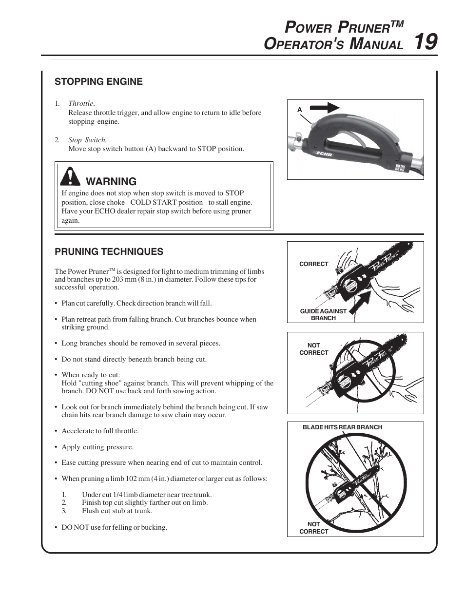 Stopping engine, Pruning techniques, Ower | Runer, Perator, Anual | Echo PPT-265  EN User Manual | Page 19 / 32