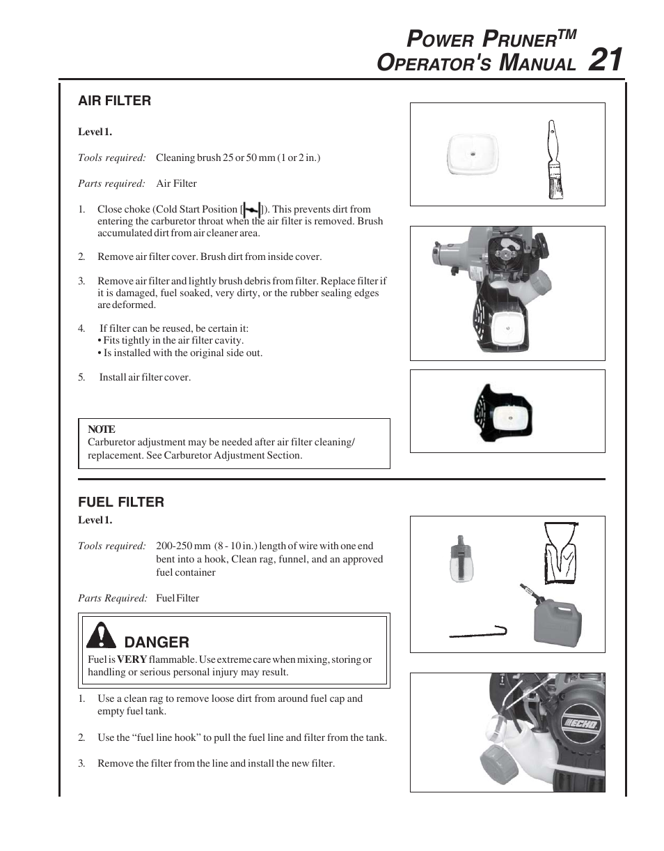 Air filter, Fuel filter, Ower | Runer, Perator, Anual | Echo PPT-265  EN User Manual | Page 21 / 32