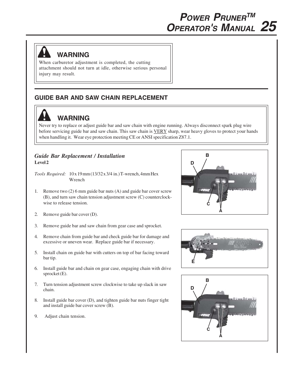 Guide bar and saw chain replacement, Ower, Runer | Perator, Anual | Echo PPT-265  EN User Manual | Page 25 / 32