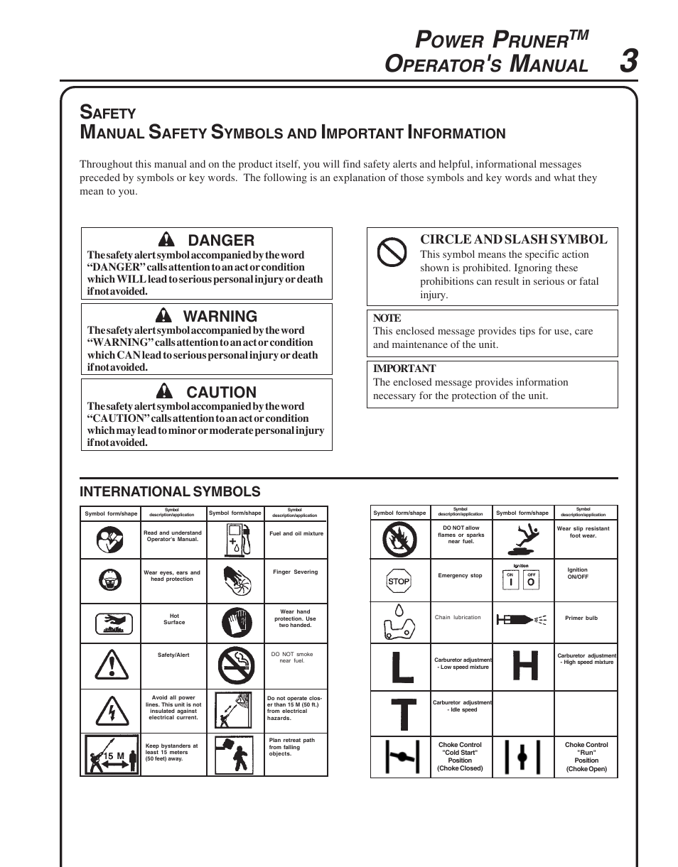 Safety, Ower, Runer | Perator, Anual, Warning, Caution, Danger, Afety, Ymbols | Echo PPT-265  EN User Manual | Page 3 / 32