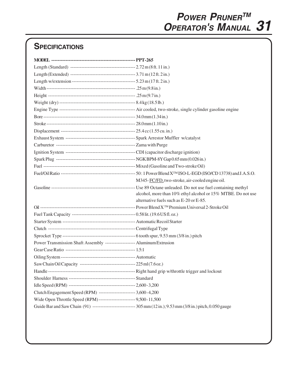 Specifications | Echo PPT-265  EN User Manual | Page 31 / 32