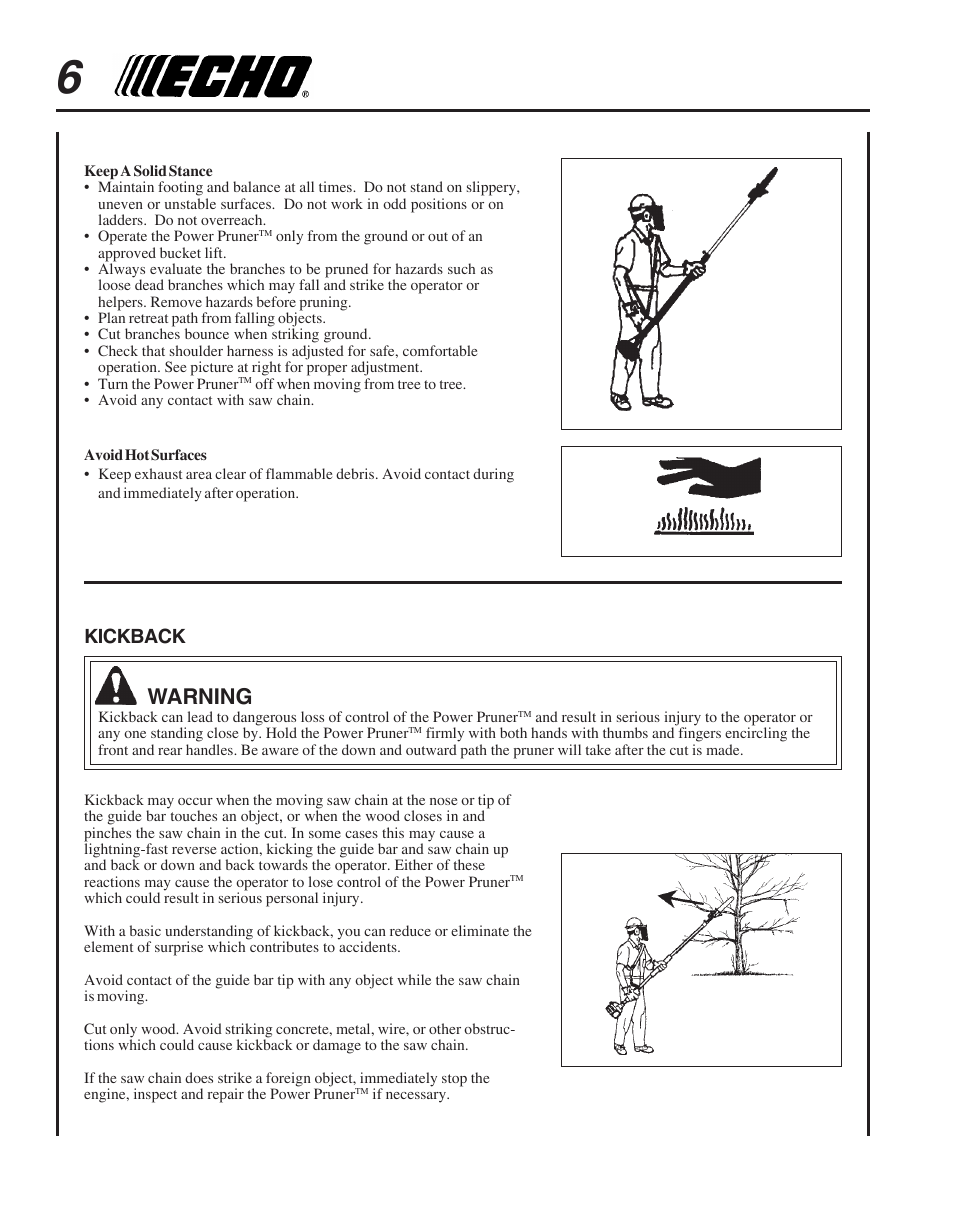 Warning, Kickback | Echo PPT-265  EN User Manual | Page 6 / 32