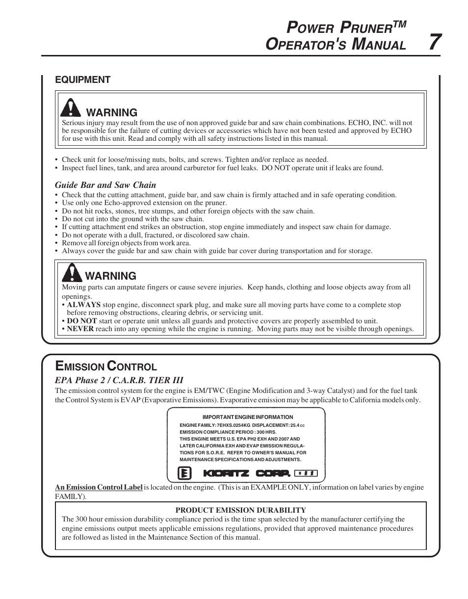 Emission control, Ower, Runer | Perator, Anual | Echo PPT-265  EN User Manual | Page 7 / 32