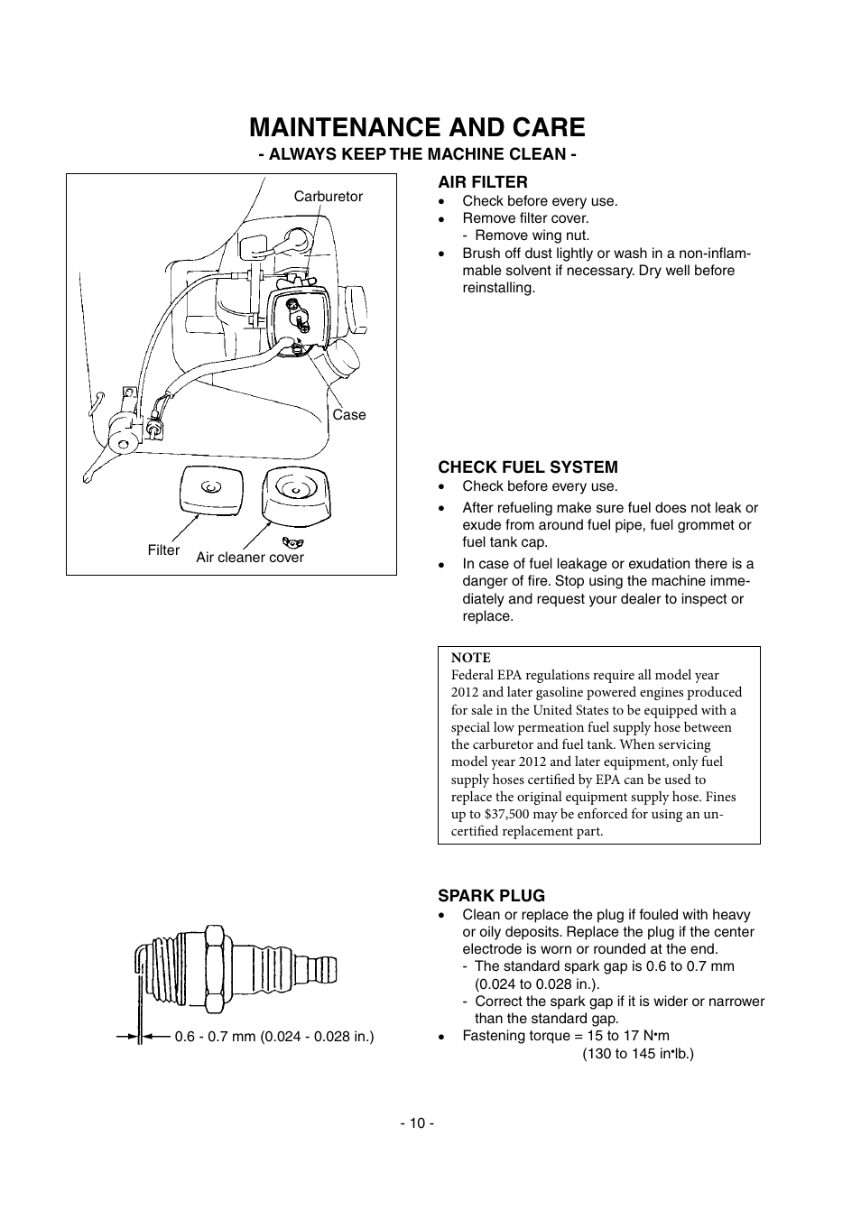 Maintenance and care | Echo SHR-210 User Manual | Page 10 / 18