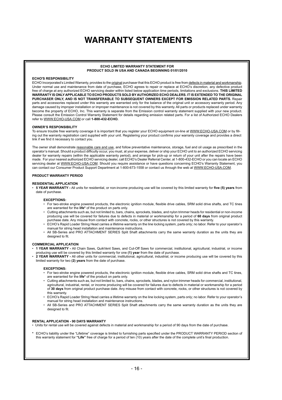 Warranty statements | Echo SHR-210 User Manual | Page 16 / 18