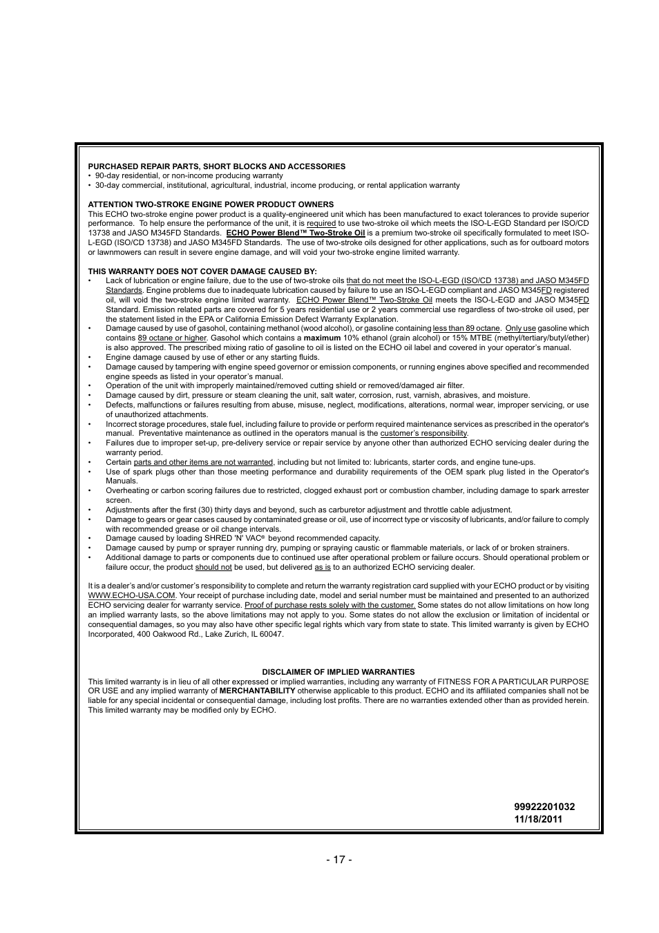 Echo SHR-210 User Manual | Page 17 / 18