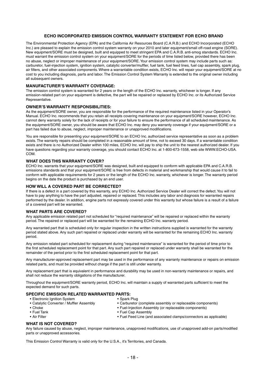 Echo SHR-210 User Manual | Page 18 / 18