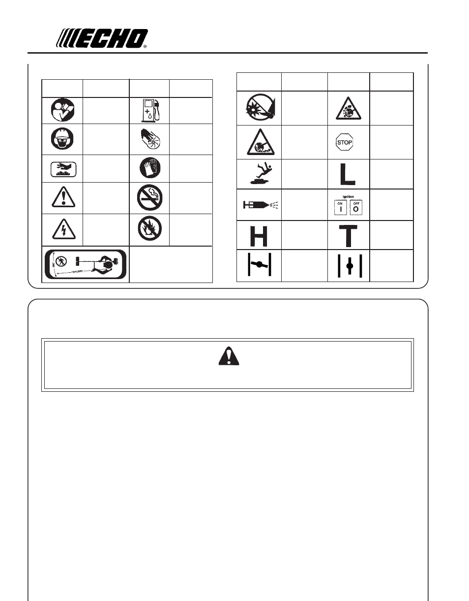 Warning danger, Physical condition, Eye protection | Hand protection, Hearing protection, Proper clothing, Hot humid weather, International, Symbols, Afety | Echo PE-200 User Manual | Page 4 / 24