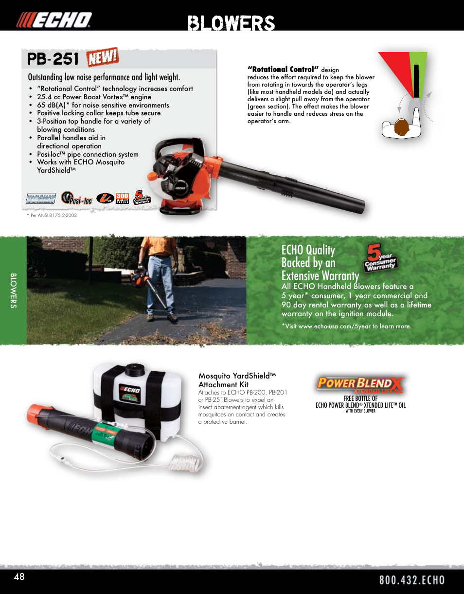 Blowers, Pb-251, Echo quality backed by an extensive warranty | Echo PB-755 User Manual | Page 5 / 6