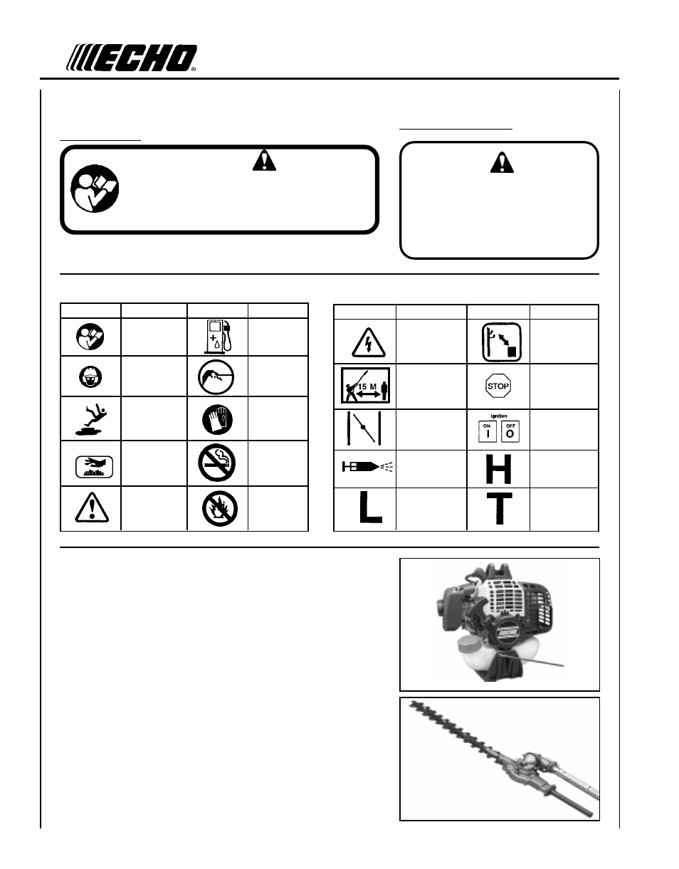 International, Symbols equipment, Shaft decal spanish decal | English translation, Advertencia peligro | Echo HCA-261 User Manual | Page 6 / 35