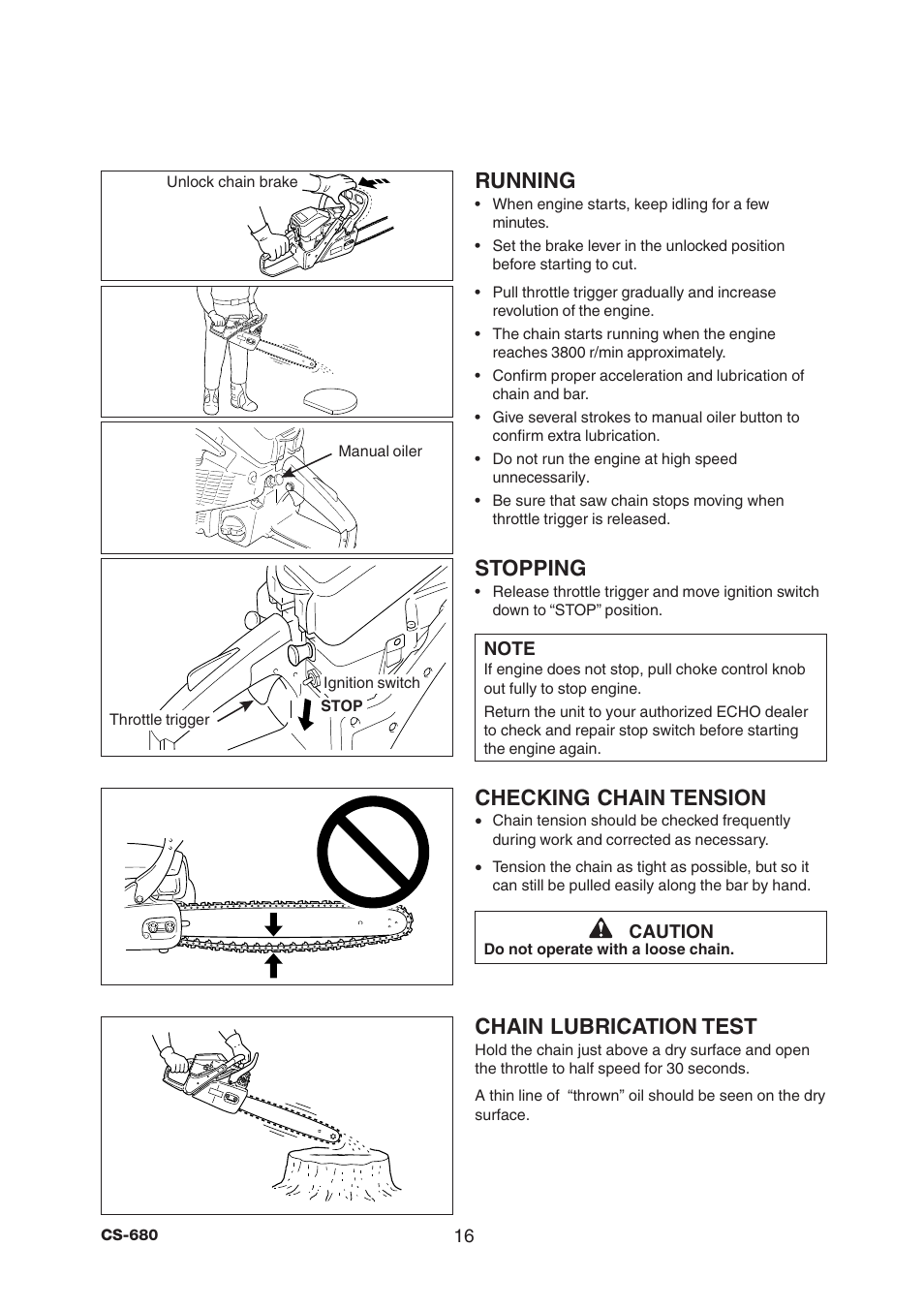 Running, Stopping, Checking chain tension | Chain lubrication test | Echo CS-680 User Manual | Page 18 / 32