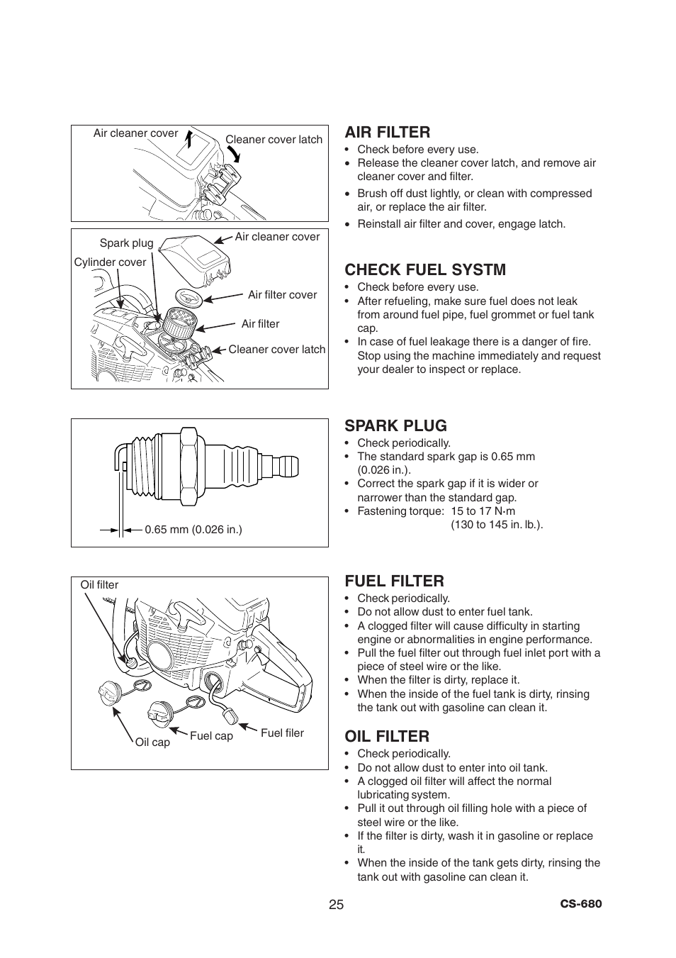 Air filter, Check fuel systm, Spark plug | Fuel filter, Oil filter | Echo CS-680 User Manual | Page 27 / 32