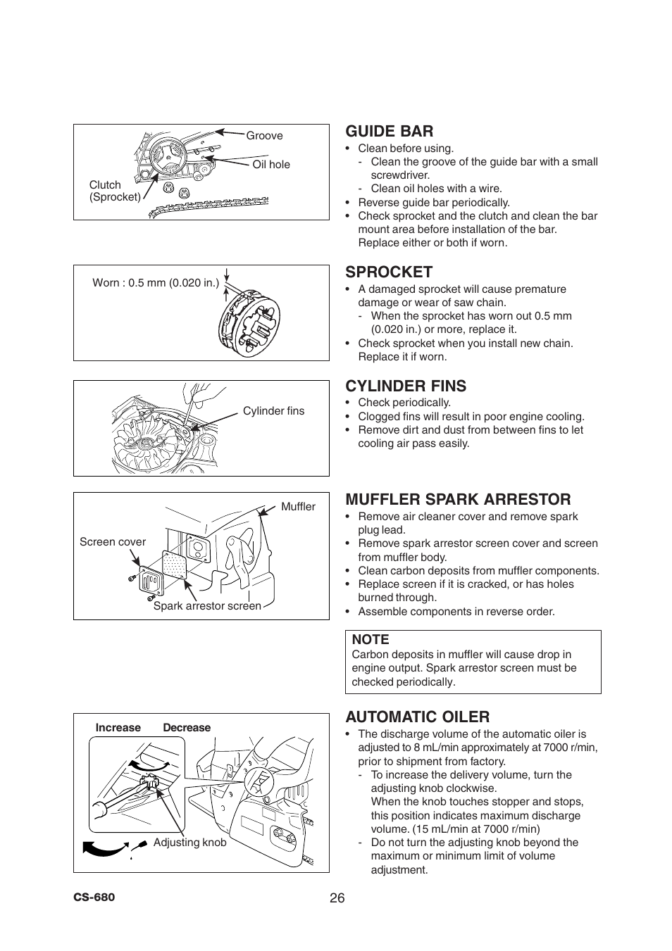Guide bar, Sprocket, Cylinder fins | Muffler spark arrestor, Automatic oiler | Echo CS-680 User Manual | Page 28 / 32