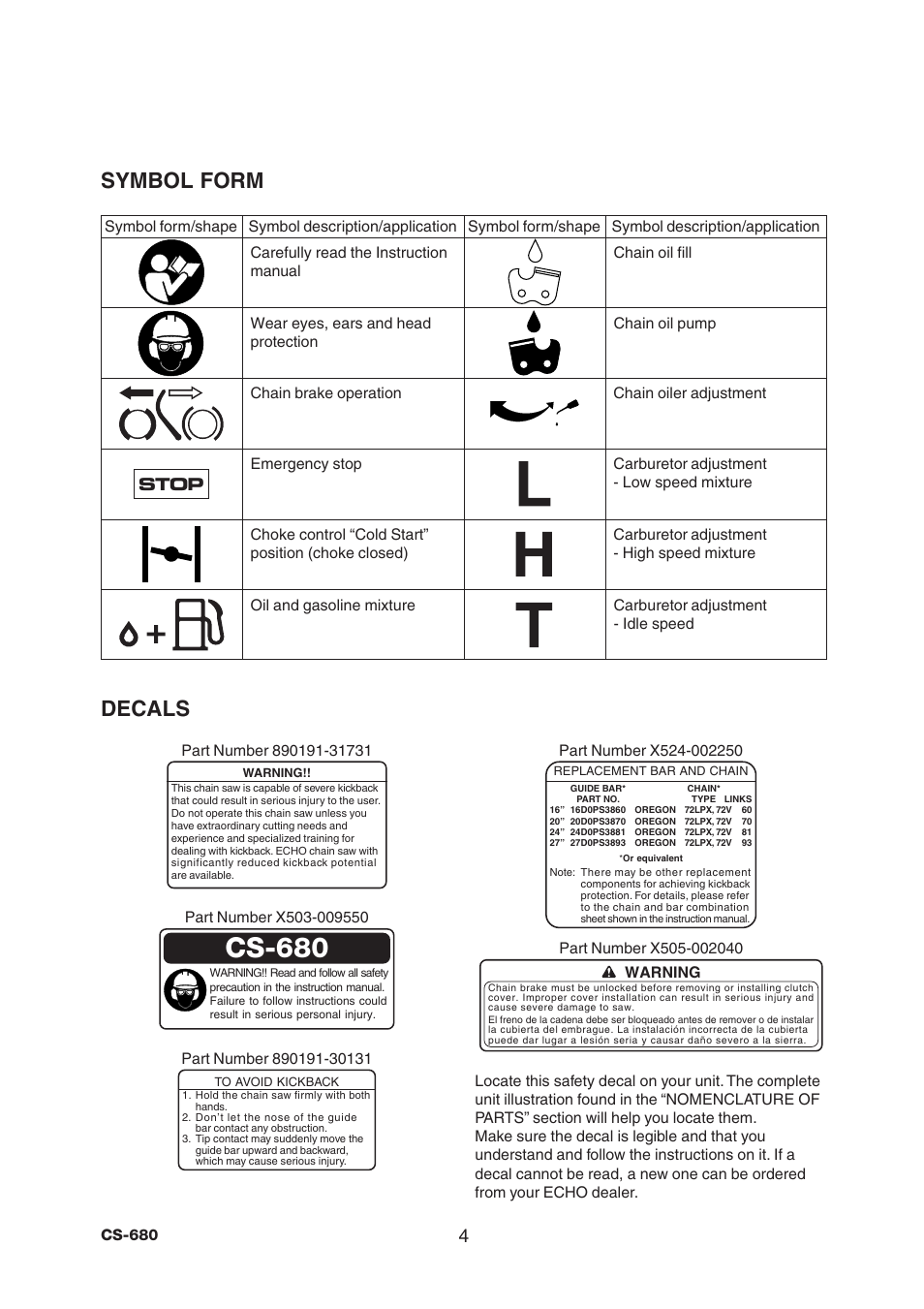Cs-680, Decals, Symbol form | Stop | Echo CS-680 User Manual | Page 6 / 32