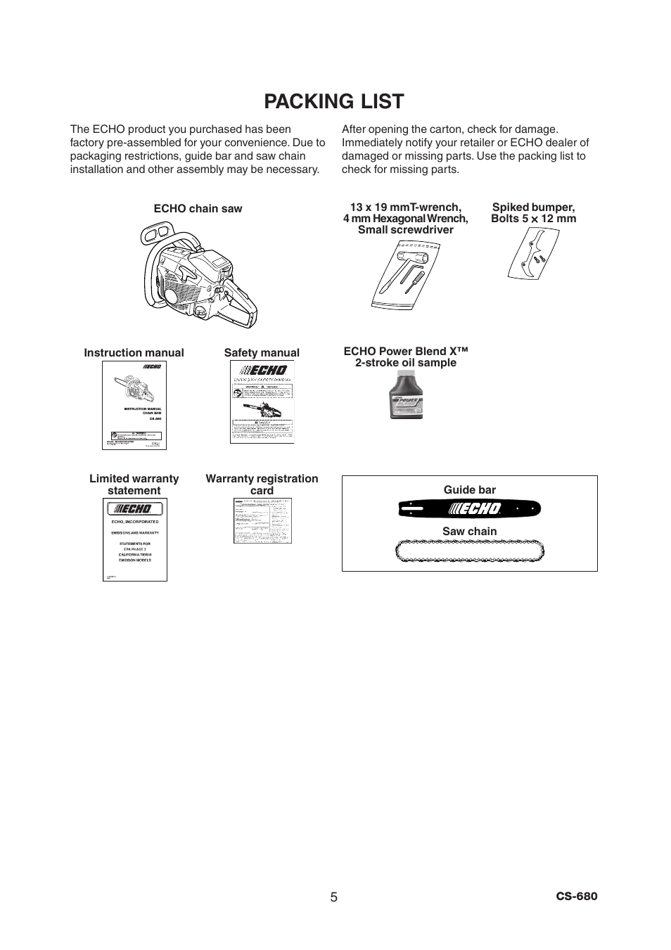 Packing list | Echo CS-680 User Manual | Page 7 / 32