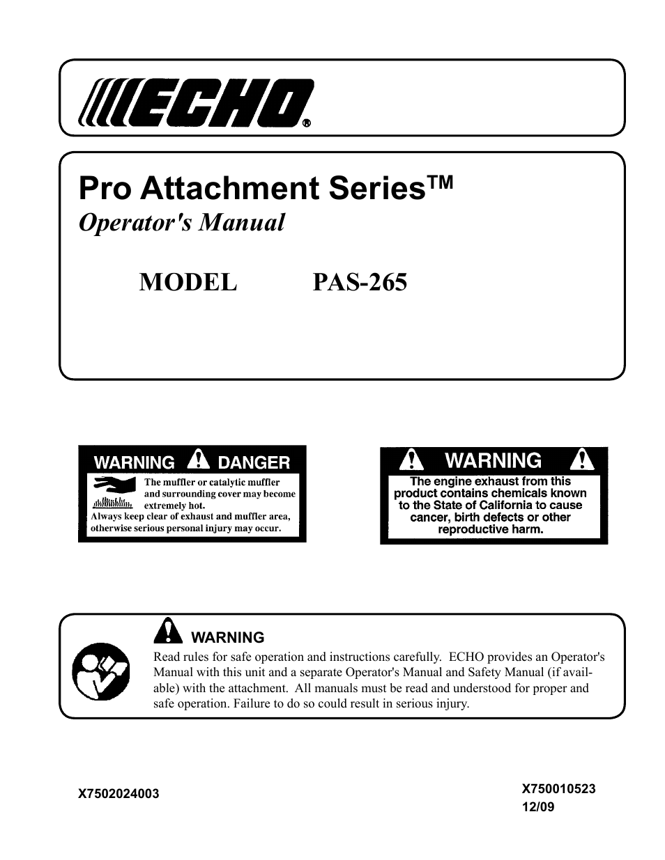 Echo PRO ATTACHMENT SERIES PAS-265 User Manual | 32 pages