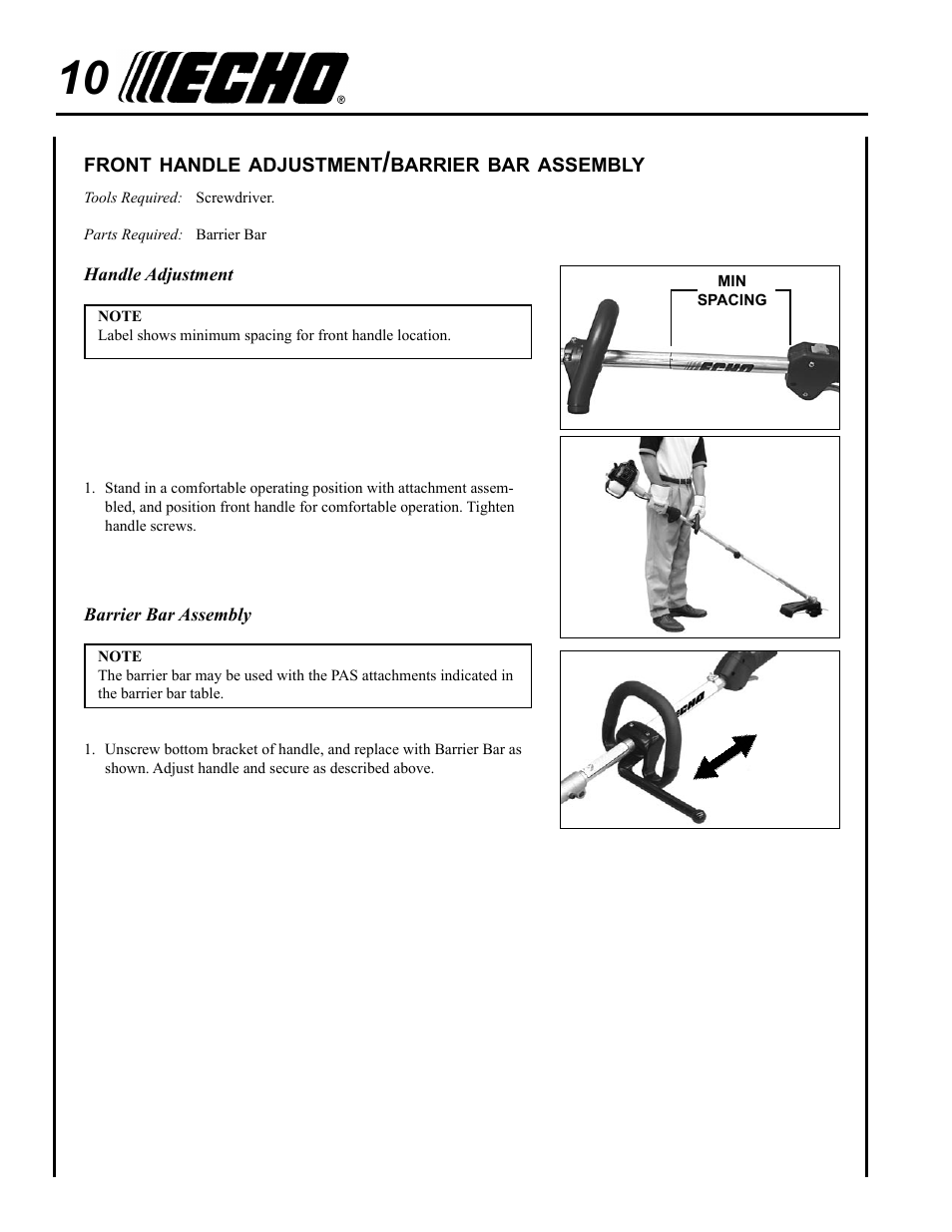 Front handle adjustment/barrier bar assembly | Echo PRO ATTACHMENT SERIES PAS-265 User Manual | Page 10 / 32