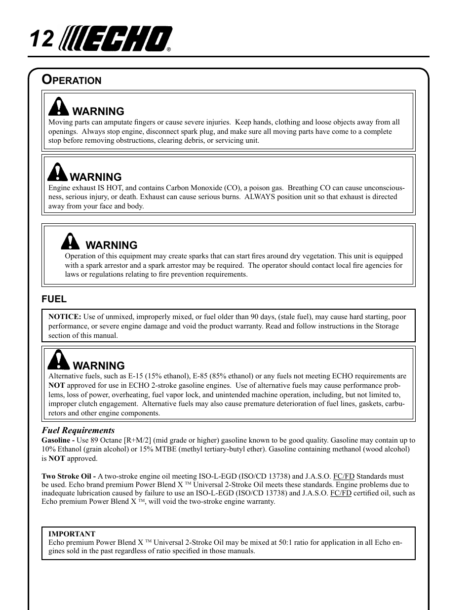 Operation, Fuel, Warning | Echo PRO ATTACHMENT SERIES PAS-265 User Manual | Page 12 / 32