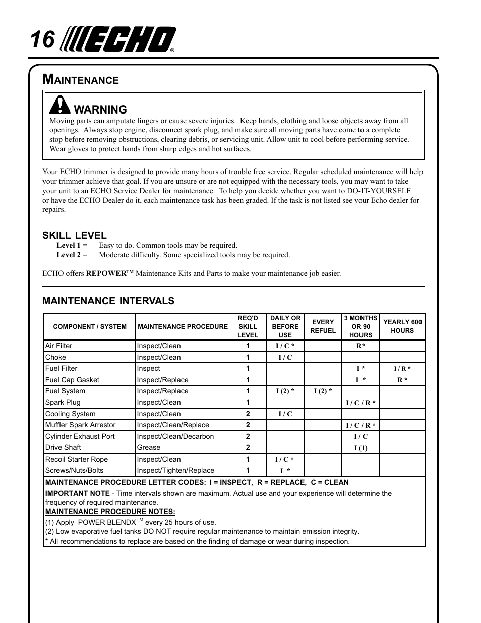 Maintenance, Warning, Intervals | Aintenance, Skill, Level | Echo PRO ATTACHMENT SERIES PAS-265 User Manual | Page 16 / 32