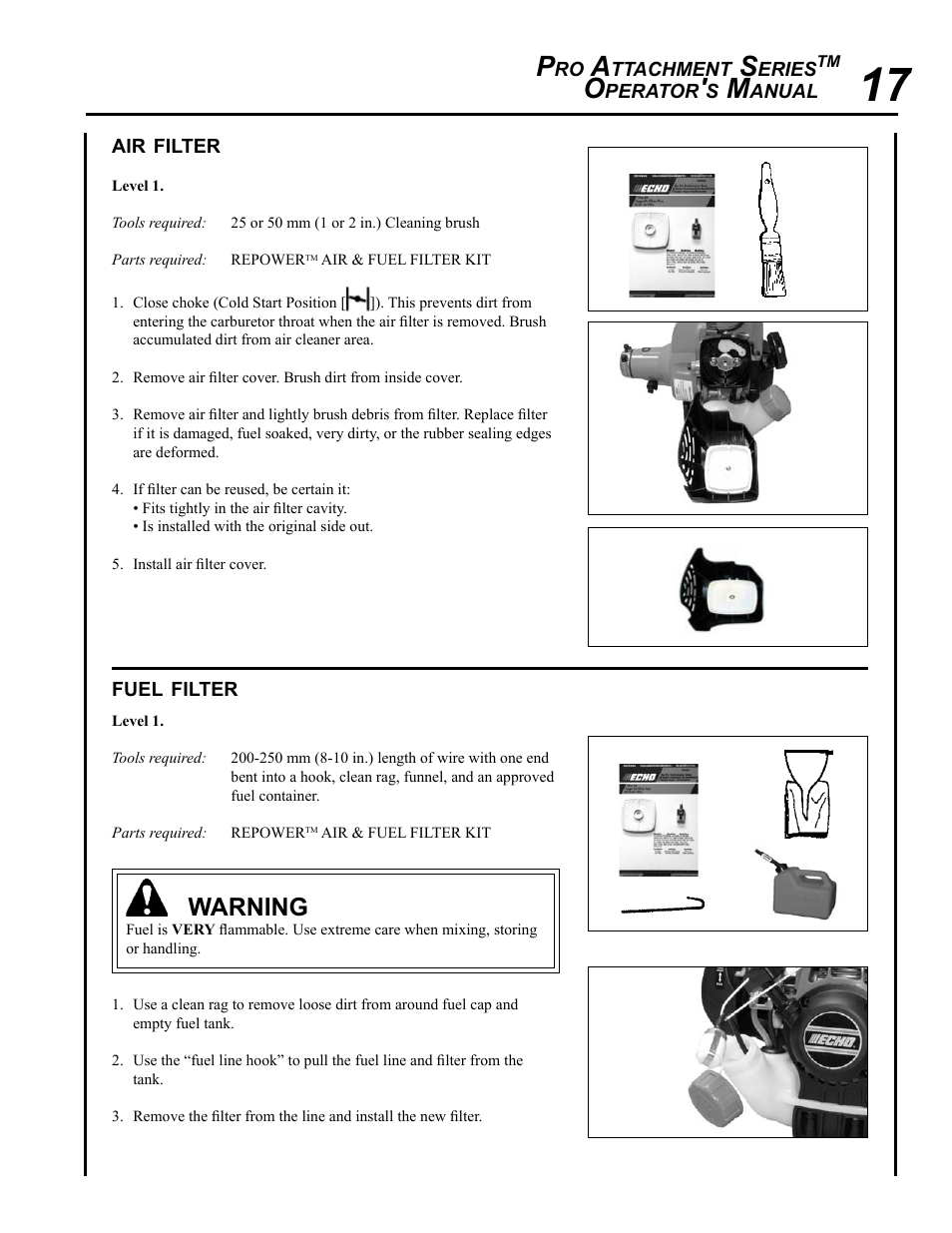 Air filter, Fuel filter, Warning | Echo PRO ATTACHMENT SERIES PAS-265 User Manual | Page 17 / 32