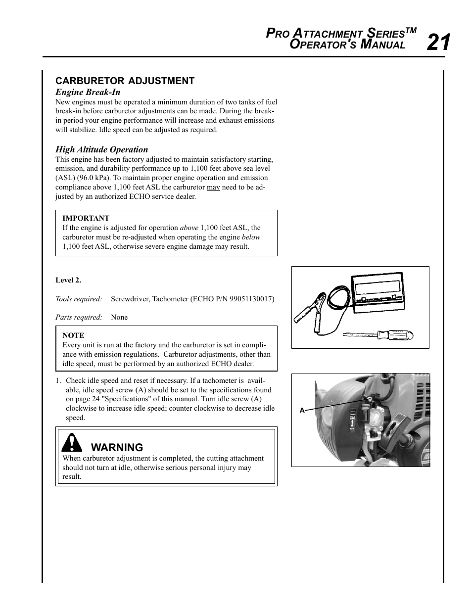 Carburetor adjustment | Echo PRO ATTACHMENT SERIES PAS-265 User Manual | Page 21 / 32