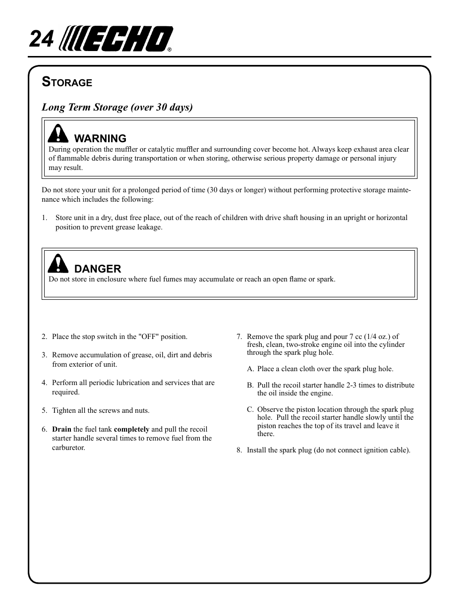 Storage, Long term storage (over 30 days) warning, Danger | Echo PRO ATTACHMENT SERIES PAS-265 User Manual | Page 24 / 32
