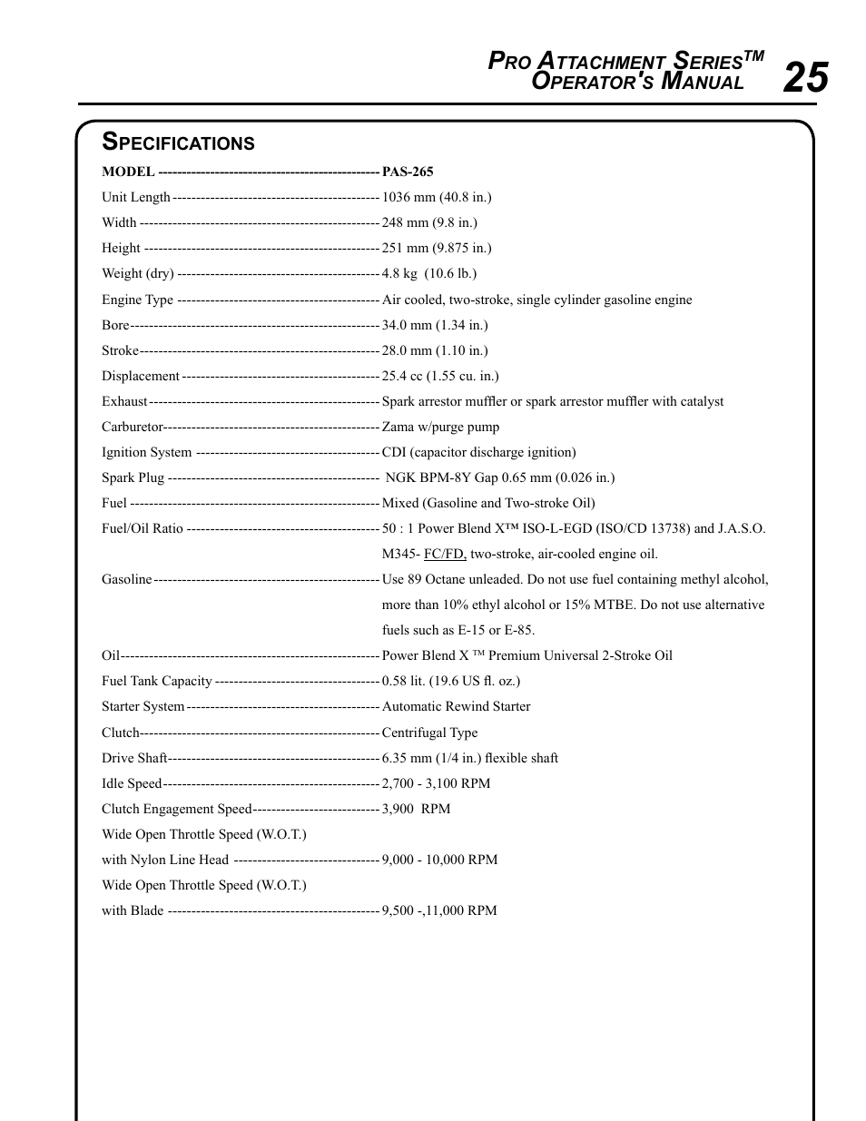 Specifications | Echo PRO ATTACHMENT SERIES PAS-265 User Manual | Page 25 / 32