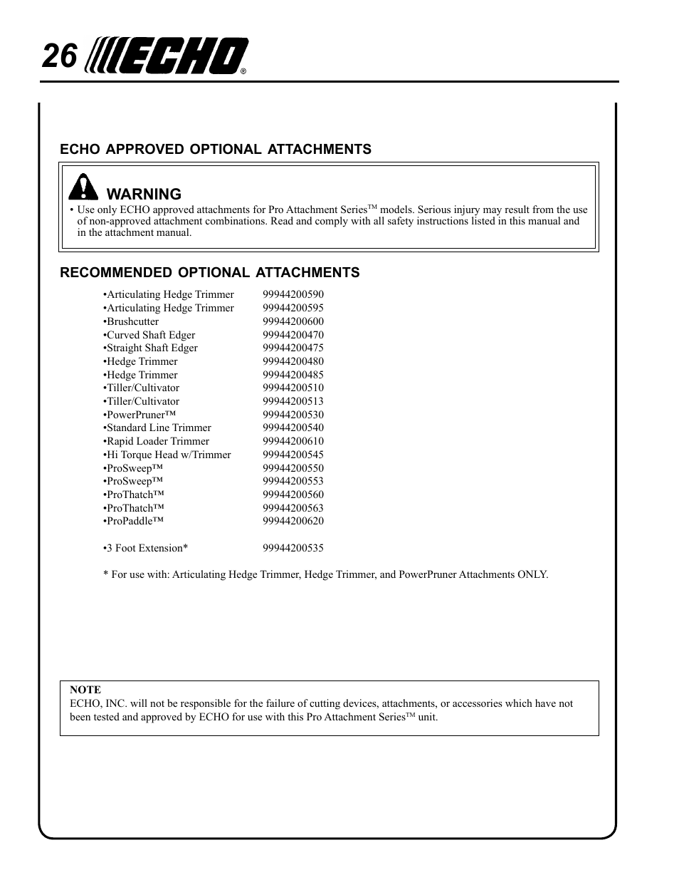 Echo approved optional attachments, Recommended optional attachments, Warning | Echo PRO ATTACHMENT SERIES PAS-265 User Manual | Page 26 / 32