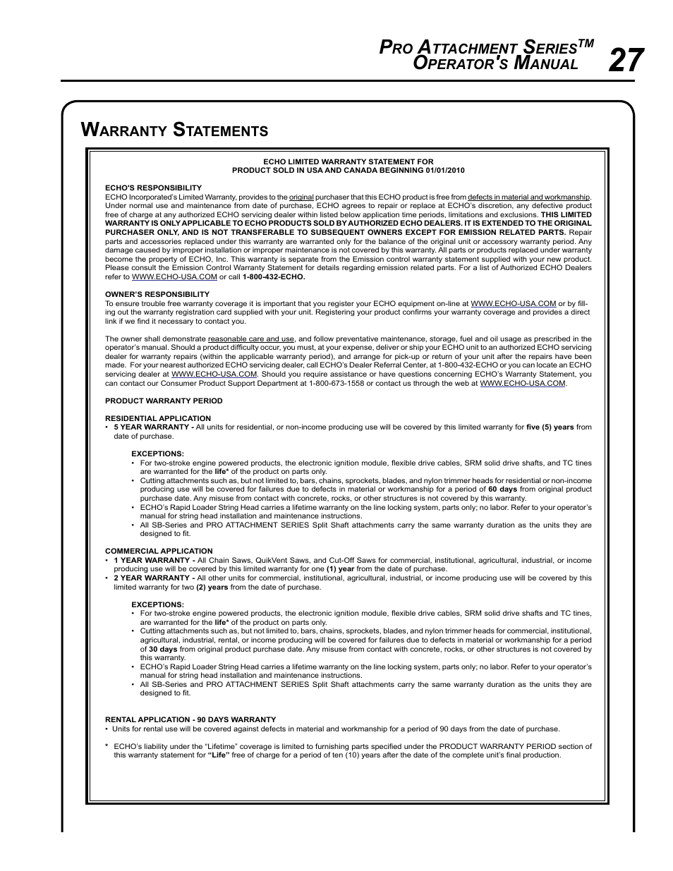 Warranty statements, Ttachment, Eries | Perator, Anual, Arranty, Tatements | Echo PRO ATTACHMENT SERIES PAS-265 User Manual | Page 27 / 32