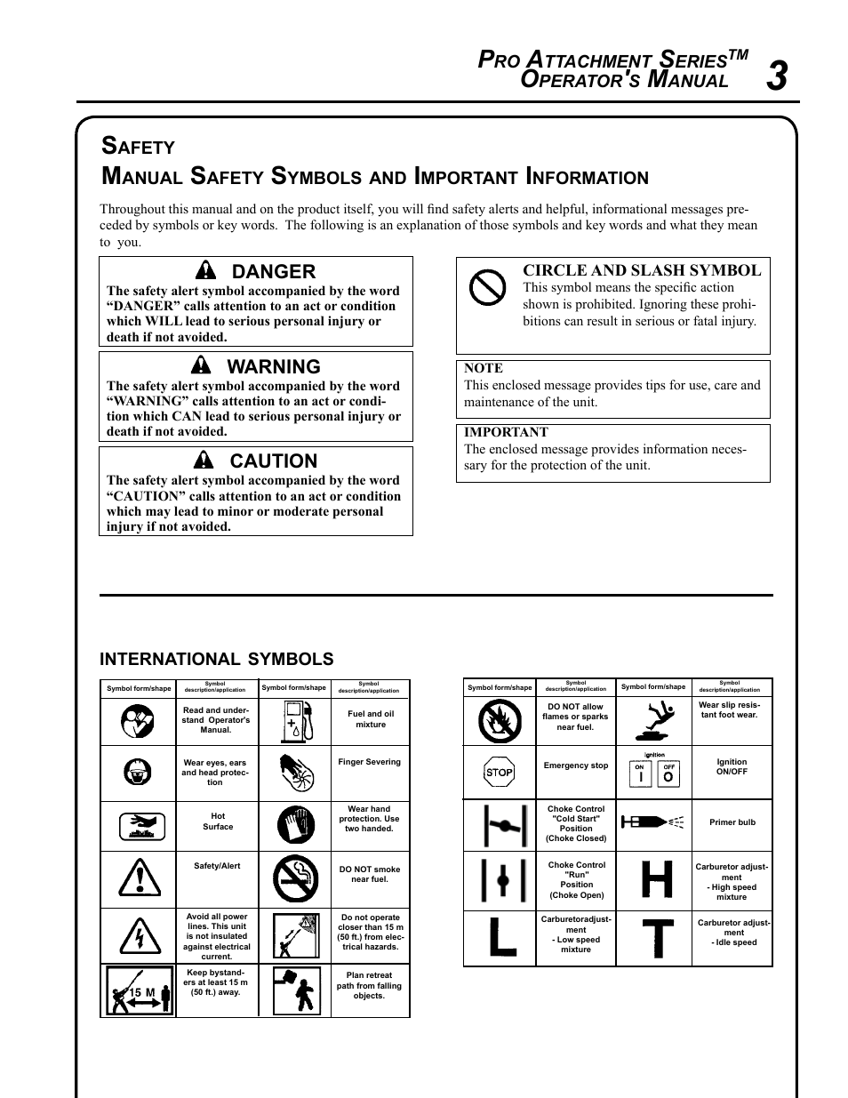 Safety, Warning, Caution | Danger, Ttachment, Eries, Perator, Anual, International, Symbols | Echo PRO ATTACHMENT SERIES PAS-265 User Manual | Page 3 / 32