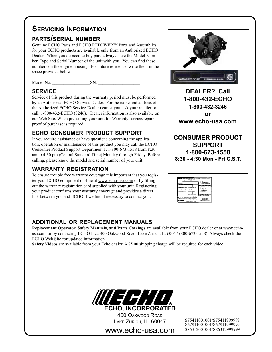 Servicing information | Echo PRO ATTACHMENT SERIES PAS-265 User Manual | Page 32 / 32